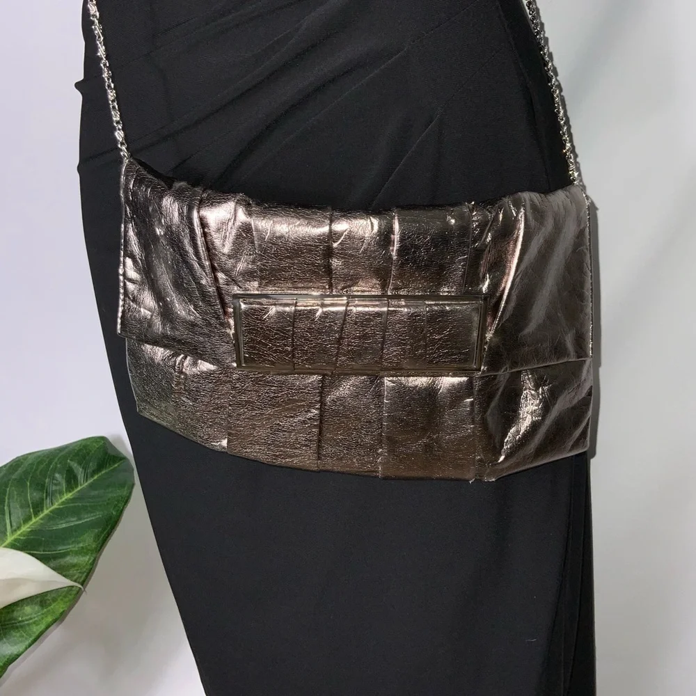 Kate Landry Shiny Platinum Pleated Clutch Chain Crossbody or Shoulder 10X6